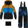 Storm Print Color-Block Hooded 2-Piece Technical Snowsuit, Blue & Mustard - Snowsuits - 1 - thumbnail