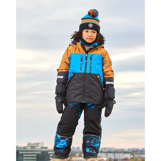 Storm Print Color-Block Hooded 2-Piece Technical Snowsuit, Blue & Mustard - Snowsuits - 3