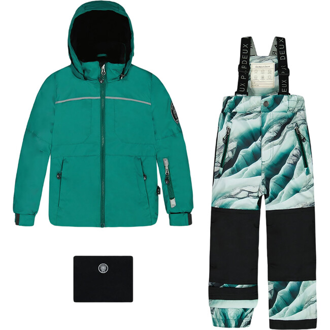 Glaciers Print Detachable Hood 2-Piece Snowsuit, Forest Green