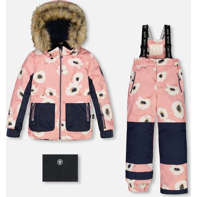 Flowers Print Detachable Hood 2-Piece Snowsuit, Pink & Off-White