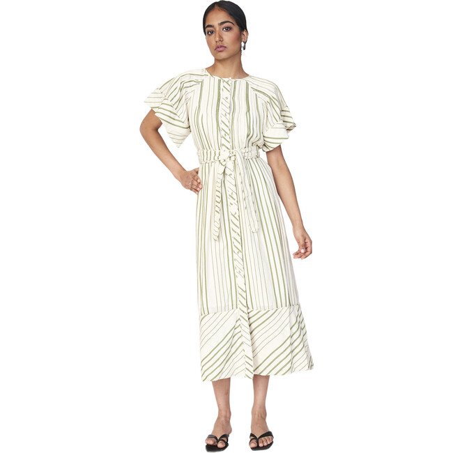 Women's Vienna Pintuck Short Sleeve Front Button Dress, Garden Stripe - Dresses - 4