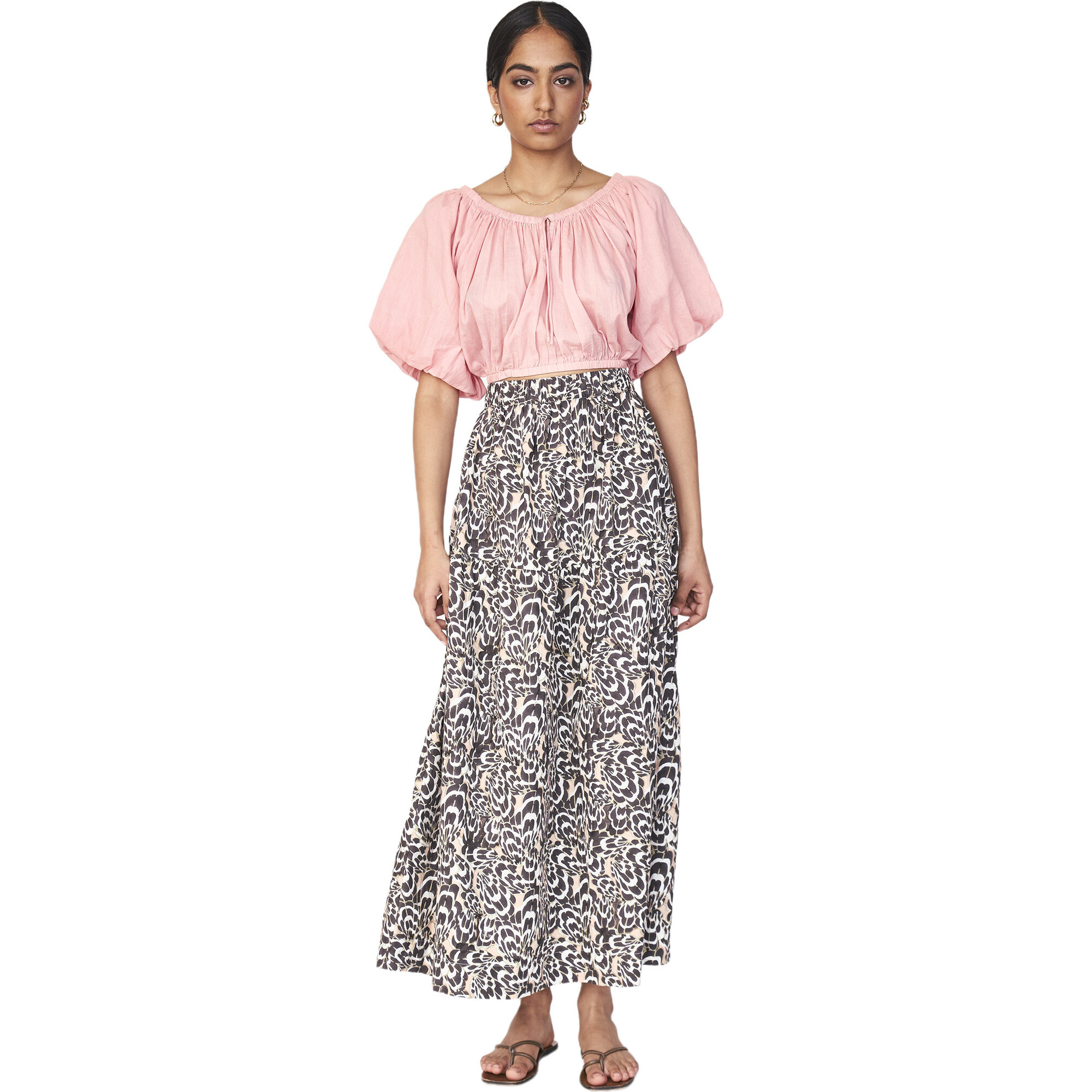 Women's Capri Elastic Neck Puff Sleeve Crop Bubble Top, Pink - Blouses - 1