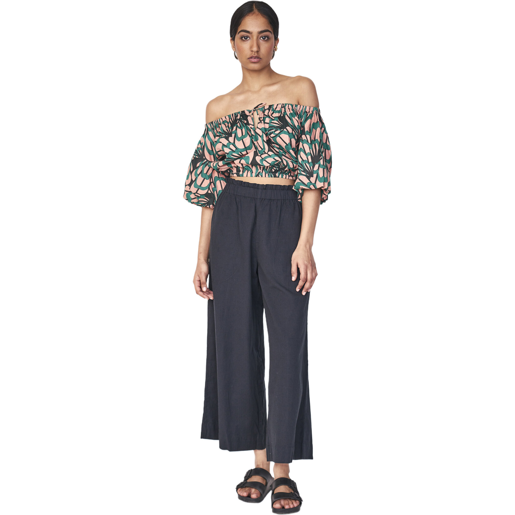 Women's Capri Elastic Neck Puff Sleeve Crop Bubble Top, Paradise Shell - Blouses - 1