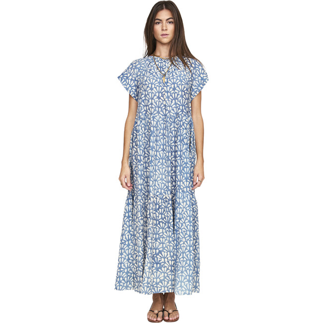 Women's Vienna Ruched Elastic Neck Raglan Sleeve Tiered Maxi Dress, Trellis In Indigo