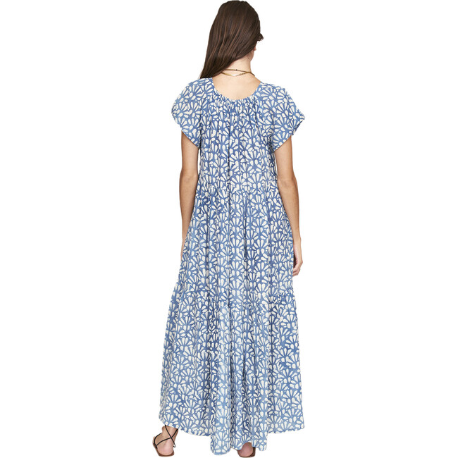 Women's Vienna Ruched Elastic Neck Raglan Sleeve Tiered Maxi Dress, Trellis In Indigo - Dresses - 2