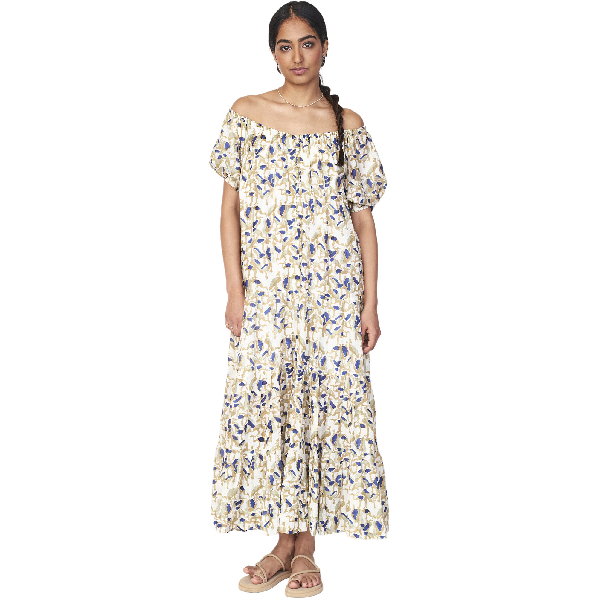 Women's Capri Bubble Sleeve Elastic Cuff Tiered Maxi Dress