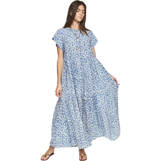 Women's Vienna Ruched Elastic Neck Raglan Sleeve Tiered Maxi Dress, Trellis In Indigo - Dresses - 5