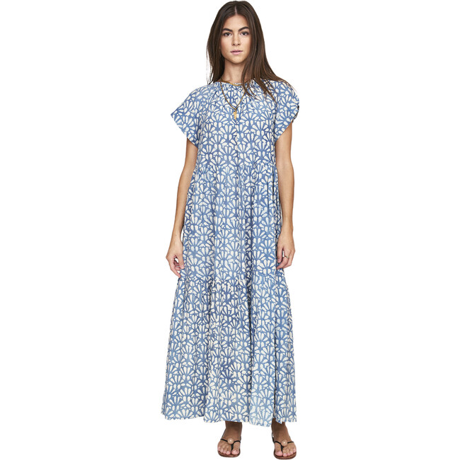 Women's Vienna Ruched Elastic Neck Raglan Sleeve Tiered Maxi Dress, Trellis In Indigo - Dresses - 6