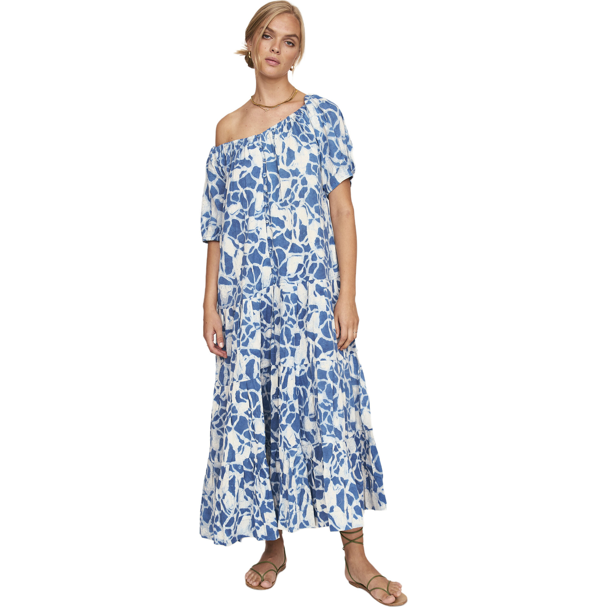 Women's Capri Elastic Bubble Sleeve Tiered Maxi Dress, Indigo Crackle - Dresses - 1