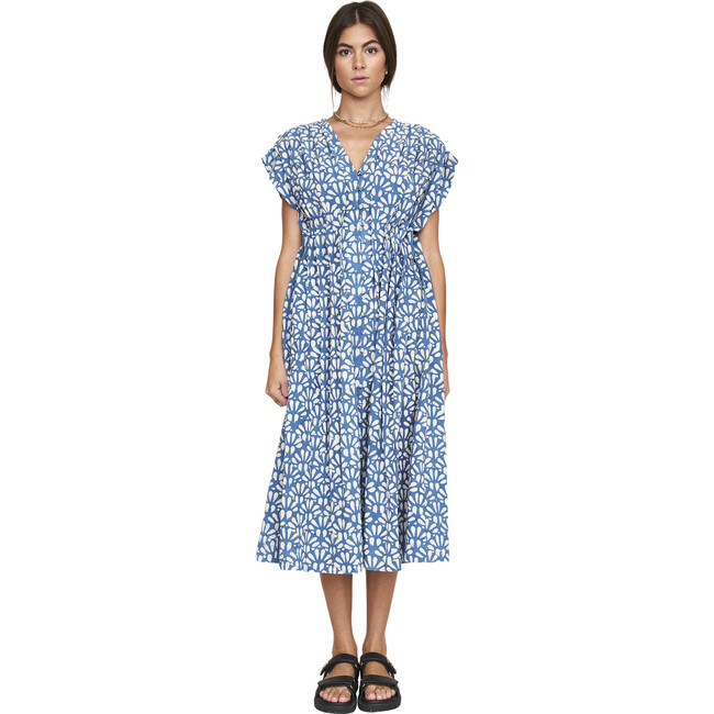 Women's Korcula Plunge V-Neck Front Button Midi Dress, Trellis In Indigo