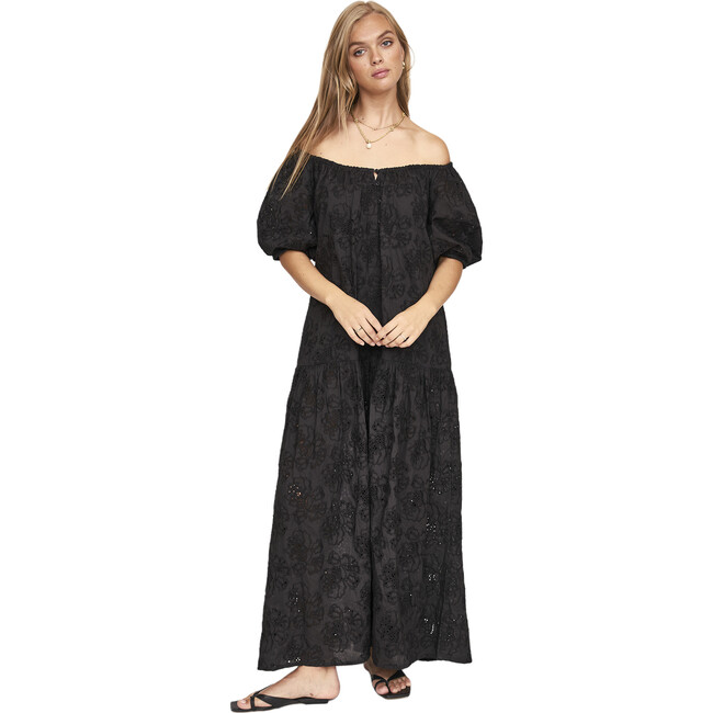 Women's Capri Elastic Bubble Sleeve Tiered Maxi Dress, Black Eyelet