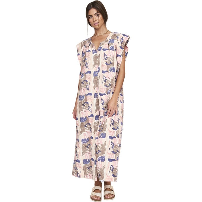 Women's Pueblo V-Neck Button Front Ankle Length Caftan, Reef In Shortcake - Dresses - 4