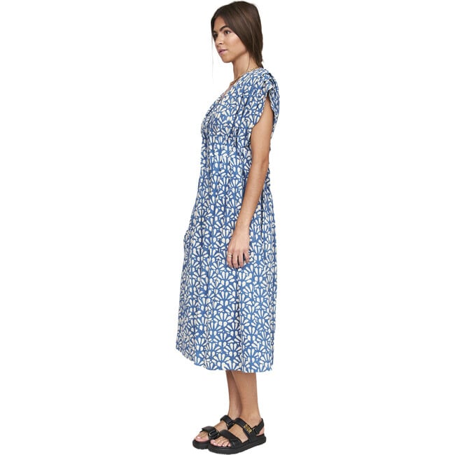 Women's Korcula Plunge V-Neck Front Button Midi Dress, Trellis In Indigo - Dresses - 3