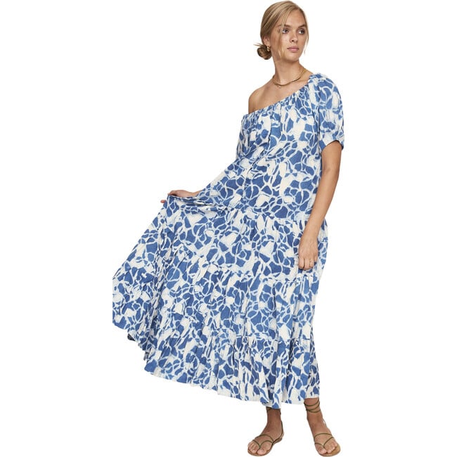 Women's Capri Elastic Bubble Sleeve Tiered Maxi Dress, Indigo Crackle - Dresses - 7