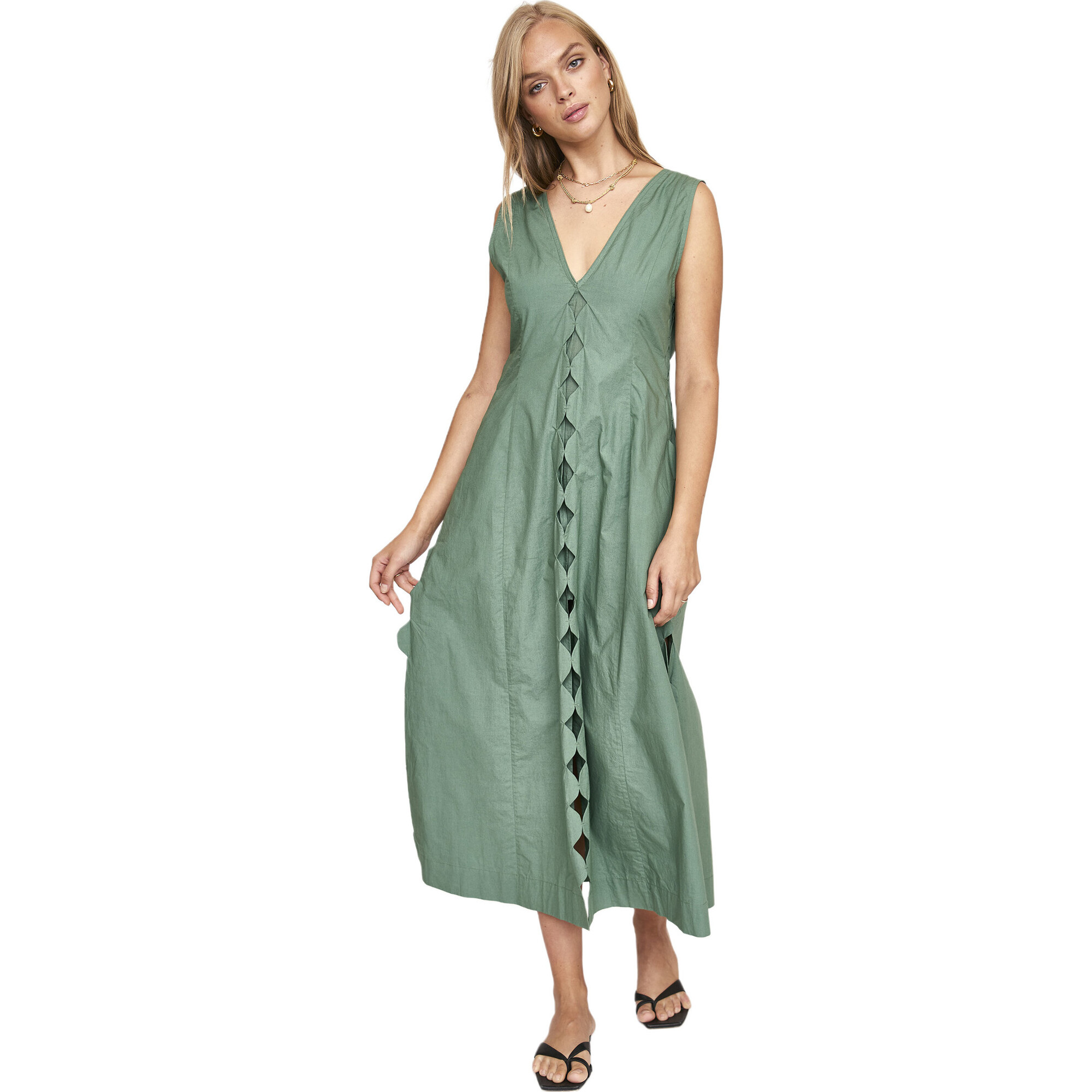 Women's Barcelona Plunge Neck Back Zipper A-Line Dress, Laurel - Dresses - 1