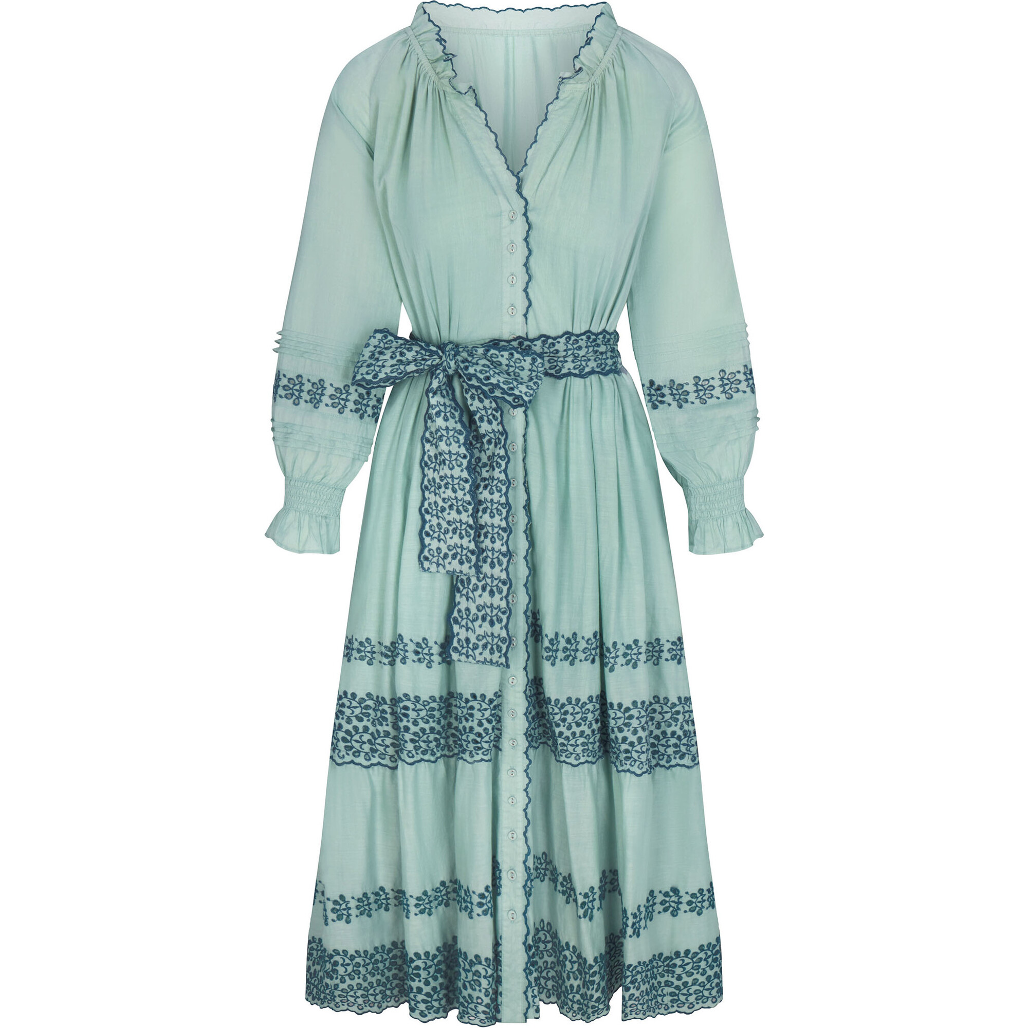 Women's Lele Raglan Sleeve Full Buttoned Belted Dress, Blue & Stargazer Embroidery - Dresses - 1