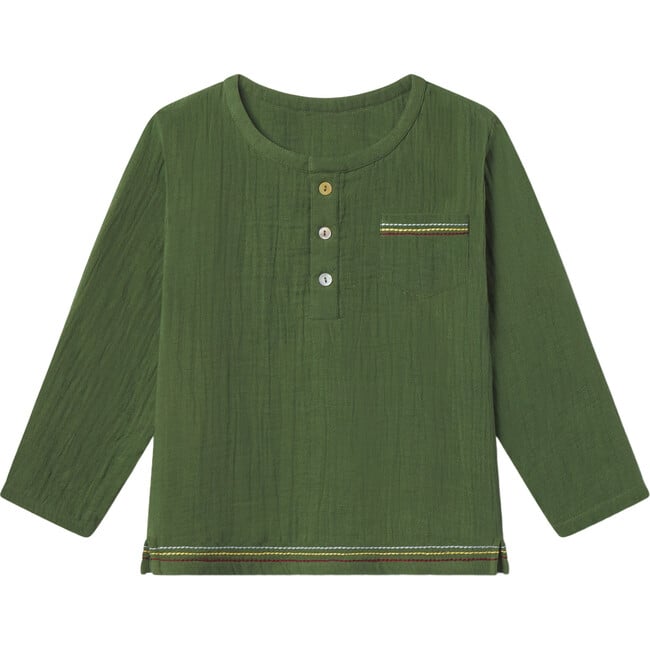 David Tri-Color Embroidered 3-Buttoned Long Sleeve Tee, Fern