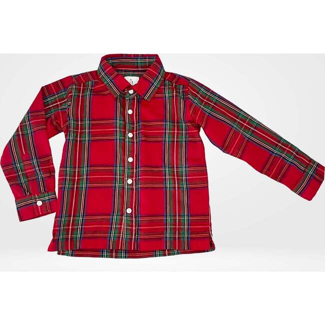 Tartan Plaid Point Collar Long Sleeve Button-Up Shirt, Red