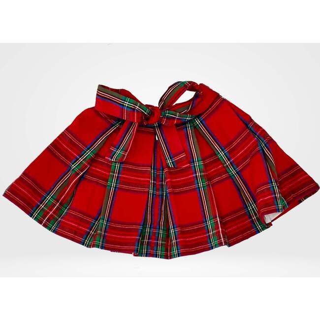 Tartan Plaid Bow Tie Waist Pleat Skirt, Red - Skirts - 1