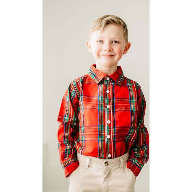 Tartan Plaid Point Collar Long Sleeve Button-Up Shirt, Red - Shirts - 3