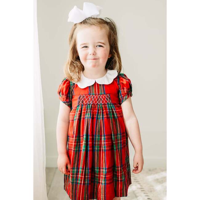 Tartan Plaid Round Collar Short Puff Sleeve Dress, Red - Dresses - 2