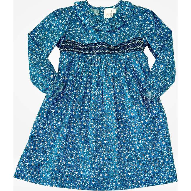 Claire Floral Print Ruffle Collar Long Sleeve Smocked Dress, Blue