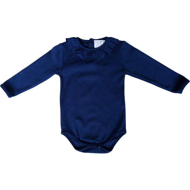 Baby Girls Claire Ruffle Collar Long Sleeve Snap Button Onesie, Navy