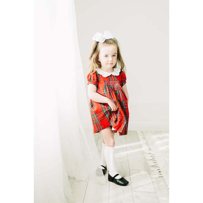 Tartan Plaid Round Collar Short Puff Sleeve Dress, Red - Dresses - 4