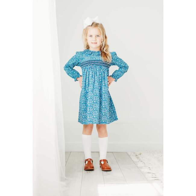 Claire Floral Print Ruffle Collar Long Sleeve Smocked Dress, Blue - Dresses - 2