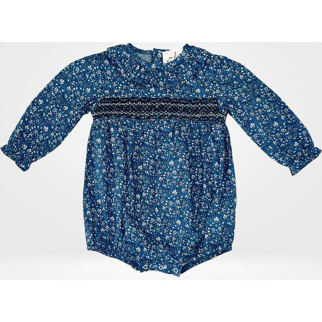 Baby Girls Claire Floral Print Ruffle Collar Long Sleeve Smocked Bubble, Blue