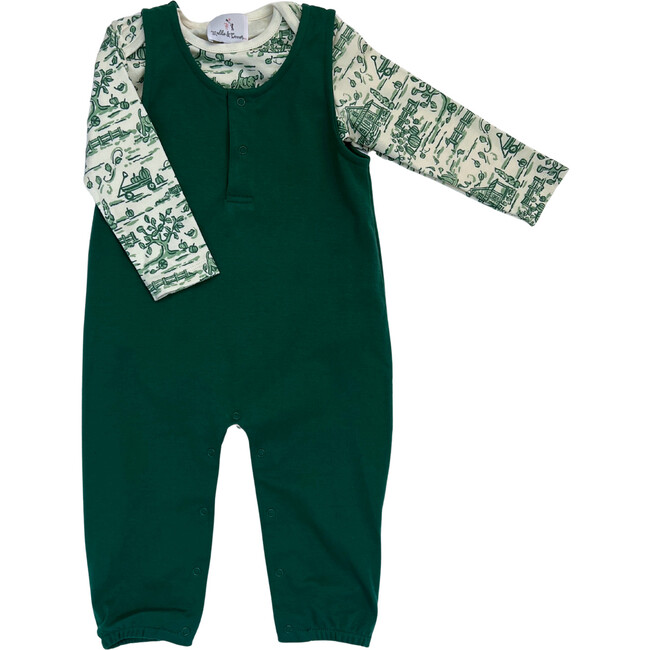 Baby Girls Autumn Toile Pima Snap Button Onesie & Overall Set, Green & White - Overalls - 1