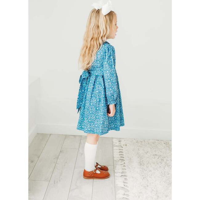 Claire Floral Print Ruffle Collar Long Sleeve Smocked Dress, Blue - Dresses - 3