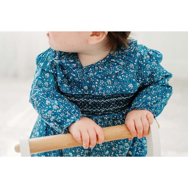 Baby Girls Claire Floral Print Ruffle Collar Long Sleeve Smocked Bubble, Blue - Rompers - 3