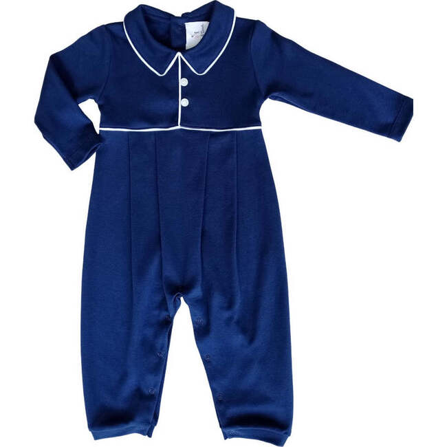 Baby Boys Pima Peter Pan Collar Long Sleeve Button Romper, Navy - Jumpsuits - 1