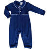 Baby Boys Pima Peter Pan Collar Long Sleeve Button Romper, Navy - Jumpsuits - 1 - thumbnail