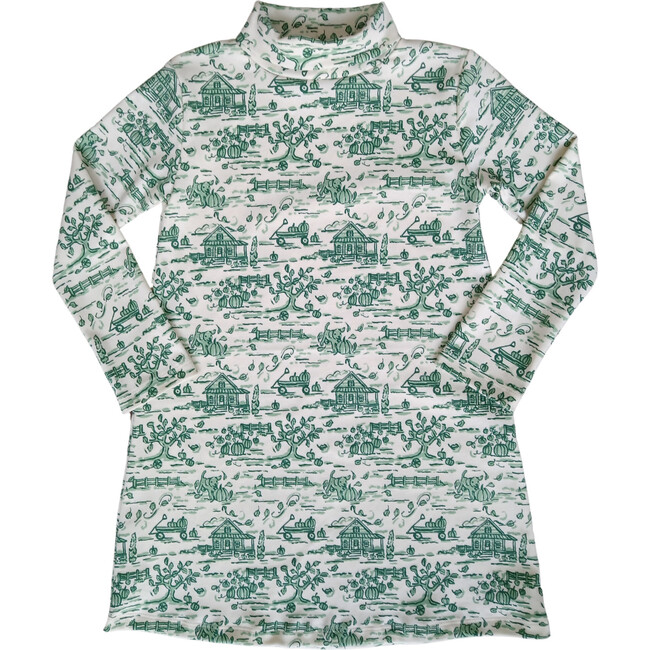 Autumn Toile Turtleneck Long Sleeve Dress, Green & White