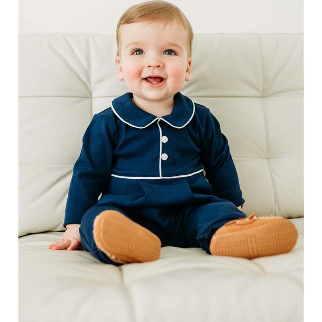 Baby Boys Pima Peter Pan Collar Long Sleeve Button Romper, Navy - Jumpsuits - 2