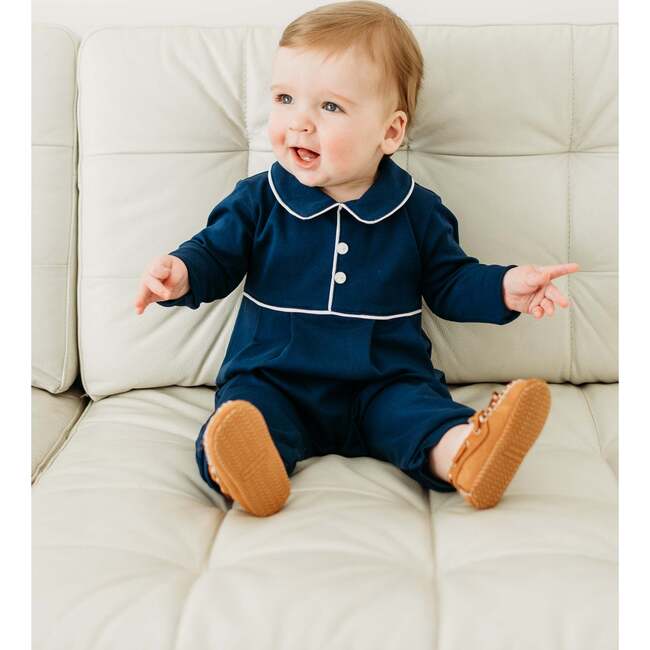 Baby Boys Pima Peter Pan Collar Long Sleeve Button Romper, Navy - Jumpsuits - 3