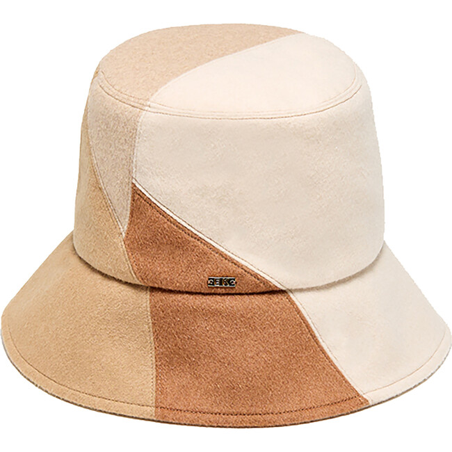 Women's Yuki Logo Plate Patchwork Bucket Hat, Cream. Beige & Camel