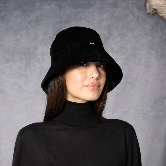 Women's Yuki Metallic Velvet Logo Plate Bucket Hat, Black - Hats - 5