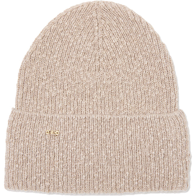 Women's Frances Cashmere Rib Knit Logo Plate Beanie, Oatmeal & Gold