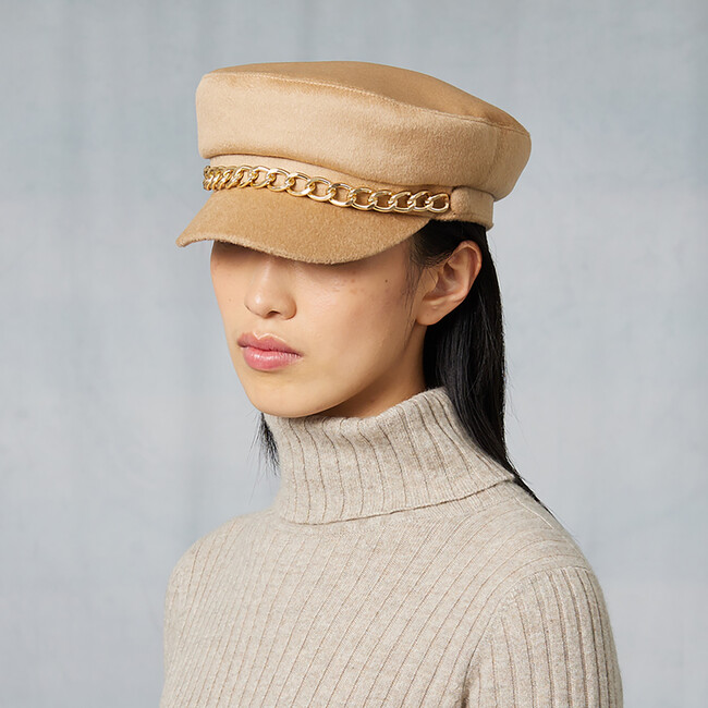 Women's Marina Cashmere Chained Marine Cap, Camel & Gold - Hats - 7