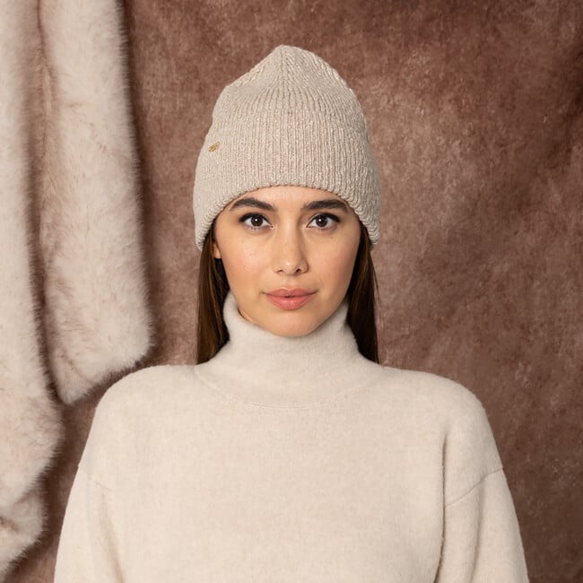 Women's Frances Cashmere Rib Knit Logo Plate Beanie, Oatmeal & Gold - Hats - 2