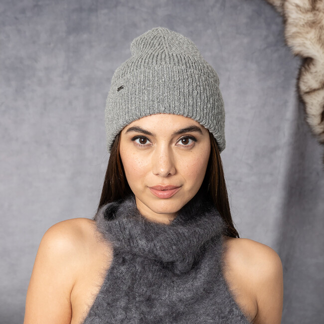 Women's Frances Cashmere Rib Knit Logo Plate Beanie, Grey & Gunmetal - Headbands - 2