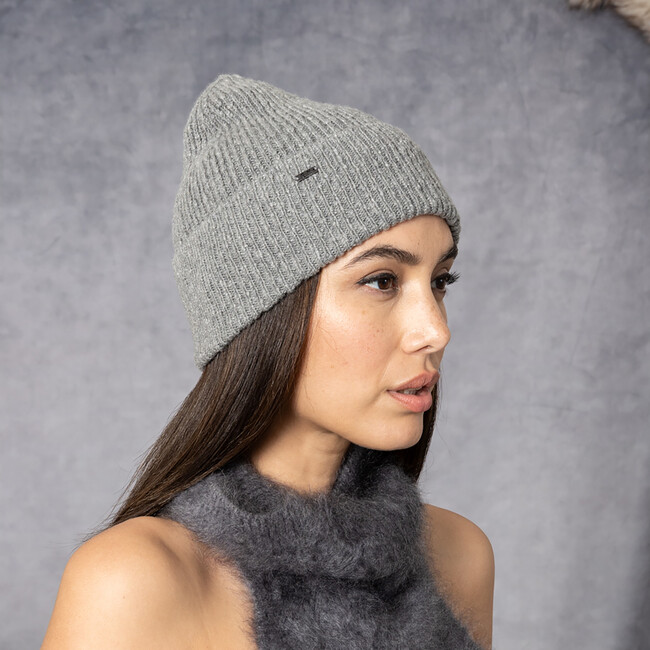 Women's Frances Cashmere Rib Knit Logo Plate Beanie, Grey & Gunmetal - Headbands - 3