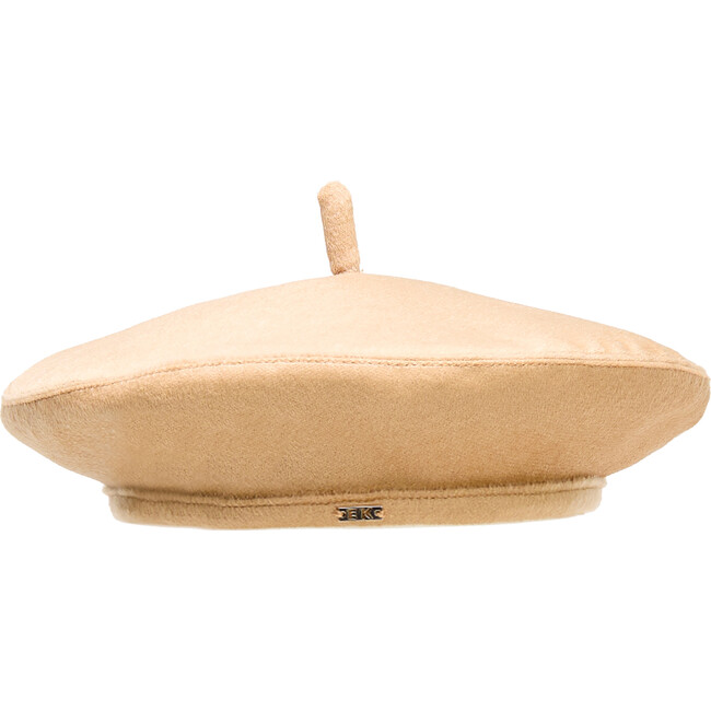 Women's Carter Cashmere Logo Plate Beret, Camel & Gold