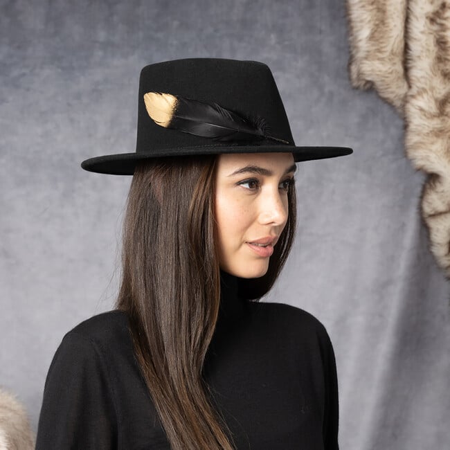 Women's Blaine Top-Dip Gradient Feather Fedora, Black & Gold - Hats - 7