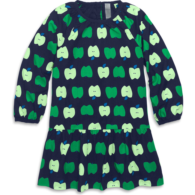 Long Sleeve Swing Dress In Apple Orchard, Navy Green Apples