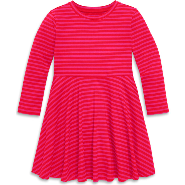 Long Sleeve Twirly Dress In Mini Stripe, Fuchsia Lollipop Stripe