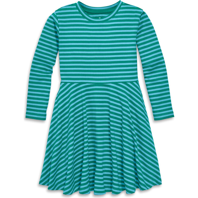 Long Sleeve Twirly Dress In Mini Stripe, Teal Lagoon Stripe